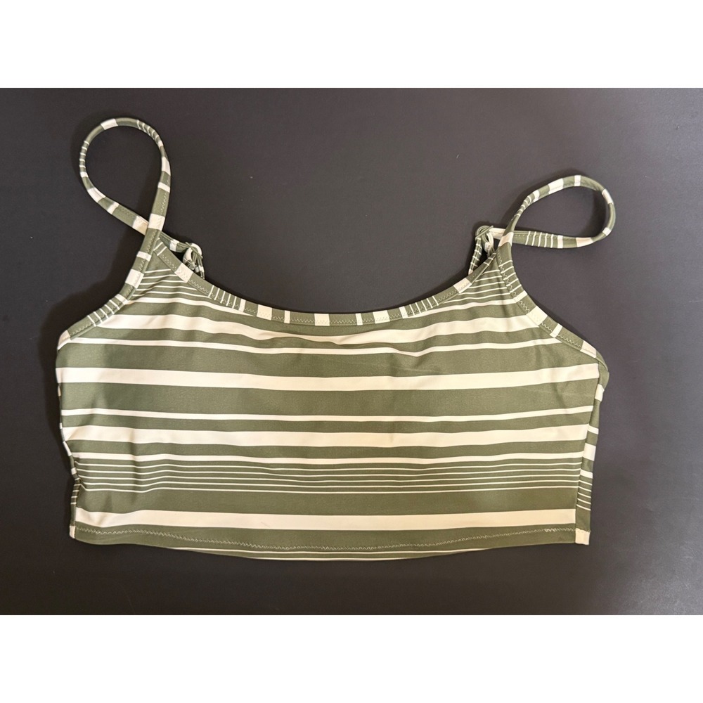 Aerie‎ Surf Beach Scoop Neck Bikini Top Olive Green White Striped Swimwear M
